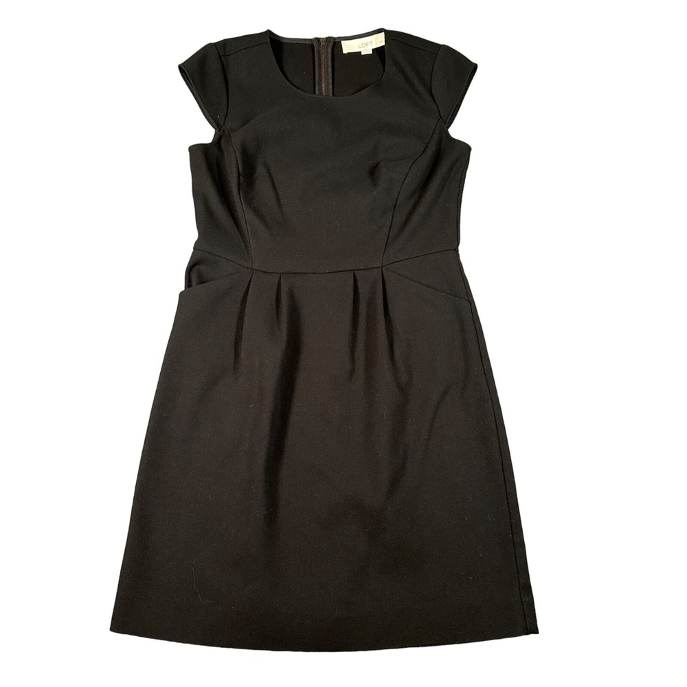 Loft Ann Taylor Shift Dress Womens 2P Black Cap Sleeve Pockets Exposed Zipper